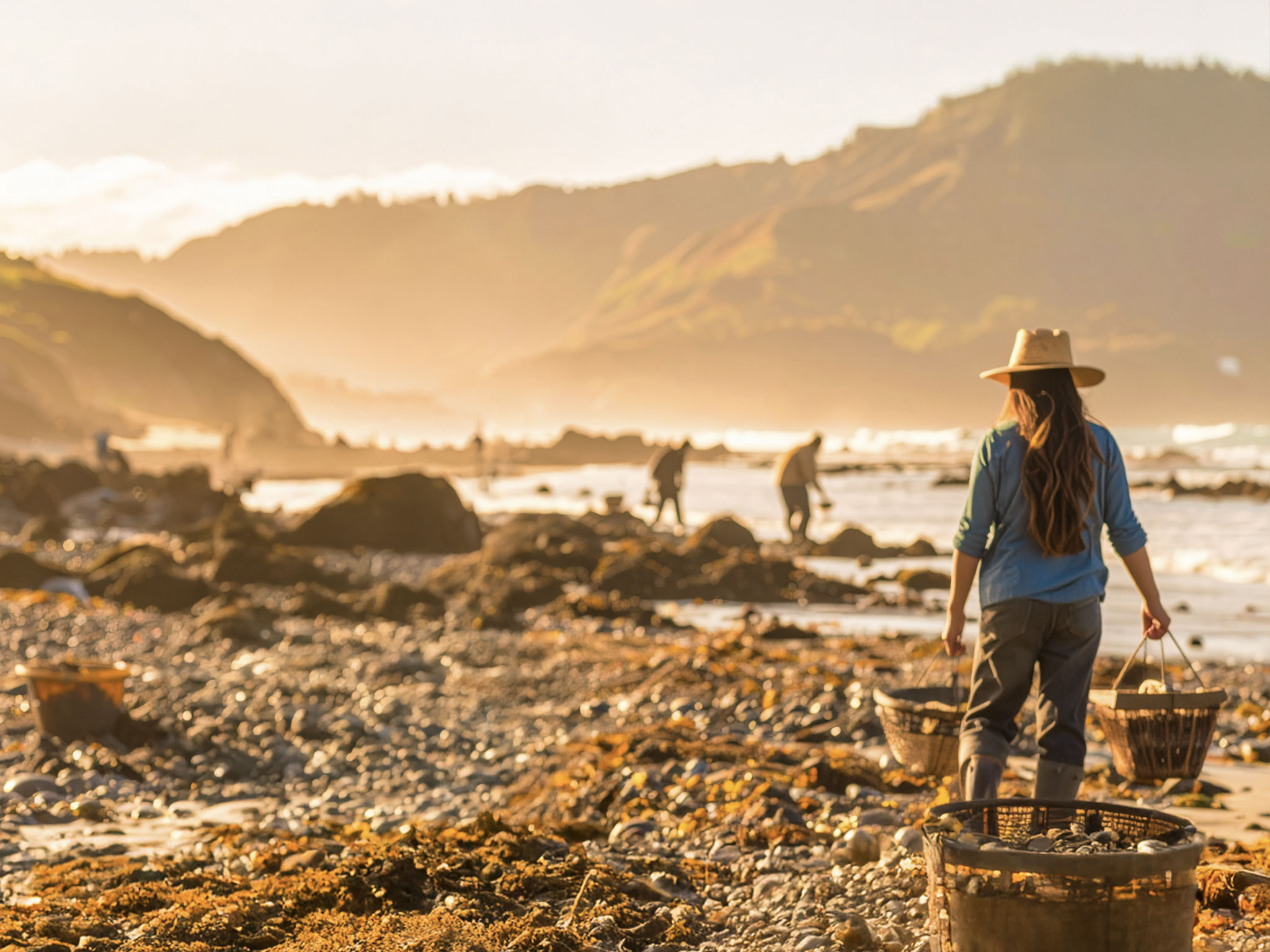 People collecting oysters along the coastline